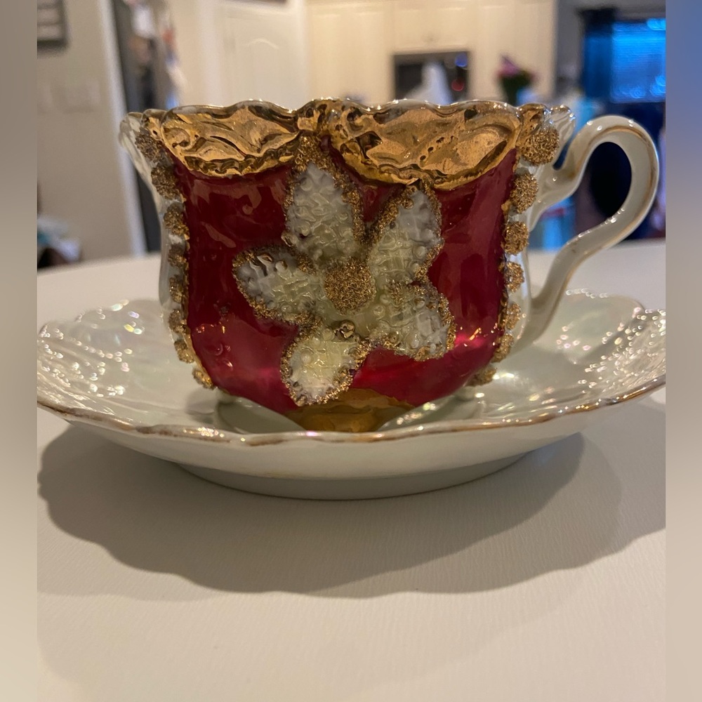 Gorgeous Antique Germany Lustreware Gold Raised Flower Teacup and Saucer